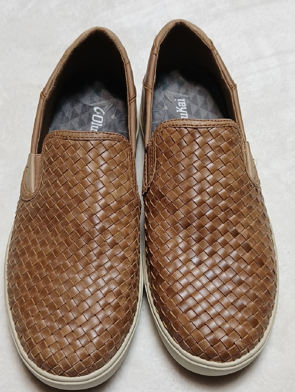 OluKai Men's Woven Leather Slip-On Loafers in Chestnut Brown Size 11